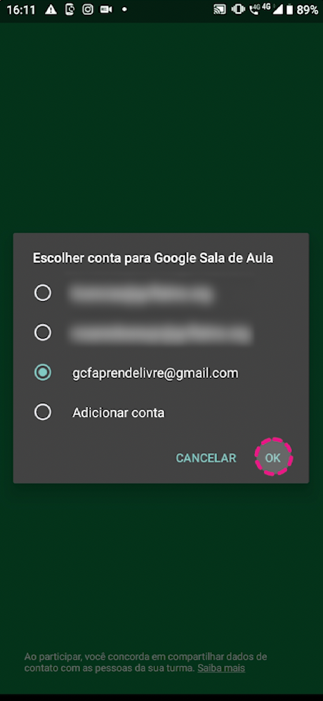 como usar o google sala de aula no celular - escolher email